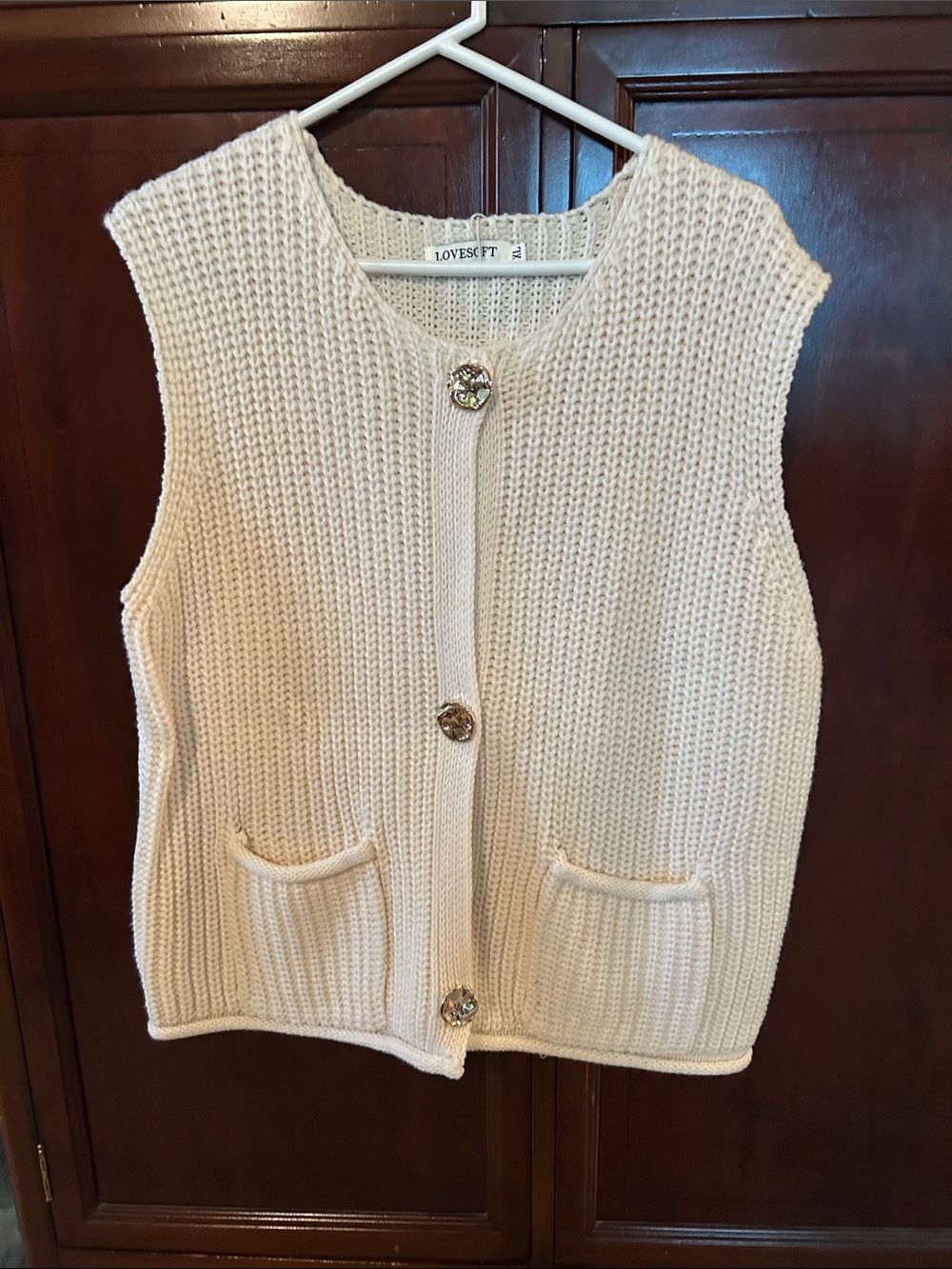 Cream Knit Sleeveless Cardigan Vest with Gold Buttons